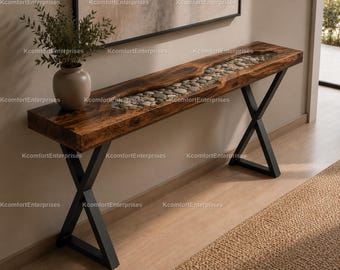 Luxury Live Edge River Stone Console Table | Modern Wooden Entryway Table | Organic Hallway Sofa Table | Rustic Contemporary Home Decor top