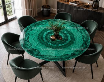 Luxury Round Malachite Dining Table Top | Green Gemstone Conference Table | Custom Epoxy Stone Furniture | Luxury Round Gemstone Table Top |