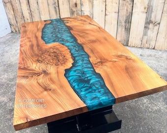 Blue Epoxy Table / Natural Wood Dining Table / Live Edge Wood & Resin Table / Custom Handmade River Table / Wooden Coffee Table Top