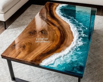 Riviertafel acaciahout: oceaanblauwe salontafel epoxyhars
