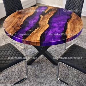 Purple Resin Dining Table | Round Live Edge River Table | Custom Wood Epoxy Dining Table | Luxury Kitchen Furniture Round Purple Epoxy River