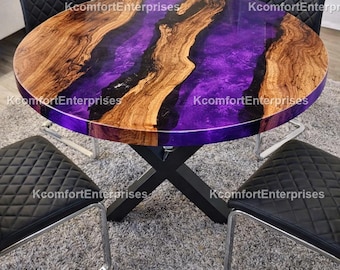 Purple Resin Dining Table | Round Live Edge River Table | Custom Wood Epoxy Dining Table | Luxury Kitchen Furniture Round Purple Epoxy River