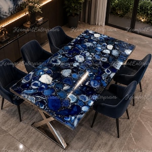 Blue Agate Dining Table Top | Gemstone Conference Table | Boho Luxury Furniture