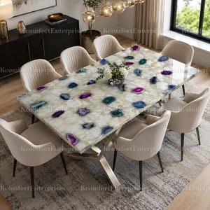 Luxury Agate Inlay Quartz Dining Table Top | Custom White Quartzite Conference Table | Semi Precious Stone Slab | Crystal Resin Furniture