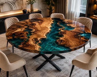 Round Live Edge Olive Wood Dining Table, Teal Epoxy River, Rustic Modern Furniture