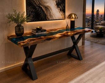 Mesa consola de resina epoxi con borde natural, mesa de entrada de resina epoxi azul, mesa auxiliar de sofá de madera maciza a medida, muebles de pasillo rústicos modernos