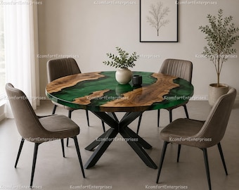 Luxury Round Epoxy River Table Top – Green Resin Burl Wood Dining Table – Live Edge Walnut Kitchen Table – Round Live Edge Burl Wood Table