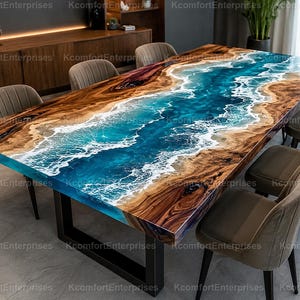 Ocean Wave Epoxy Resin Live Edge Dining Table, Coastal Beach Wood Furniture