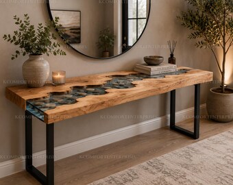 Mesa consola de río con borde natural / Tablero de piedra de resina epoxi, mesa de entrada rústica