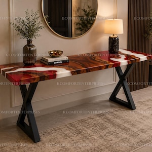 Mesa consola con tablero de madera de raíz con borde natural / Río de resina epoxi roja y blanca / Sofá de entrada de lujo