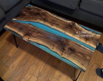 Blue Epoxy Table / Natural Wood Dining Table / Live Edge Wood & Resin Table / Custom Handmade River Table / Wooden Coffee Table Top