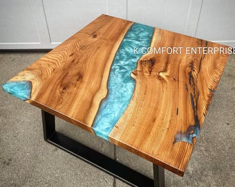 Blue Epoxy River Table, Acacia Wood Dining Table