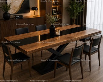 Modern Walnut Dining Table Top with Black Glass Inlay | Contemporary Wooden Tabletop | Custom Luxury Dining Furniture | Modern Wood Tabletop