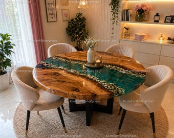 Round Epoxy River Dining Table | Teal Resin Table with Pebbles | Live Edge Wood Table Top | Luxury Custom Dining Luxury Round River Table |