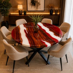 Round Epoxy River Dining Table | Red & White Resin Wood Table Top | Live Edge Round Dining Table | Custom Kitchen Table | Luxury Home Decor