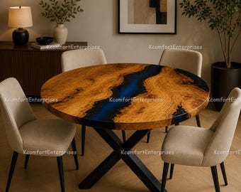 Luxury Round Epoxy River Table Top | Live Edge Burl Wood Dining Table | Blue Resin Custom Tabletop Only Round Blue Epoxy River Dining Table
