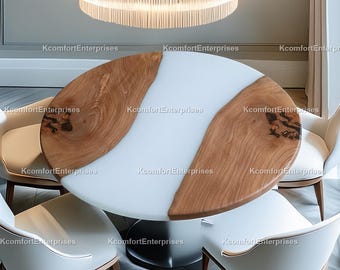Rund vit bordsskiva i resin, matbord i trä med live edge, modernt runt kök