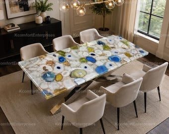 Luxury Agate Conference Table, Colorful Quartz Dining Table Top, Custom Semiprecious Stone Furniture, Designer Interior Decor Dining Table