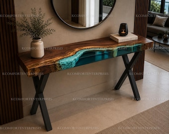 Ocean Wave Epoxy Console Table | Live Edge Walnut Entryway Table | Resin River Sofa Table | Luxury Home Turquoise Resin River Console Table