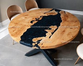 Round Black Epoxy Resin Dining Table | Live Edge Burl Wood River Table | Luxury Custom Furniture Luxury Burl Wood Dining Table Top | table
