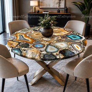 Handcrafted Agate Slice Round Tabletop | Luxury Gemstone Slab Dining Surface