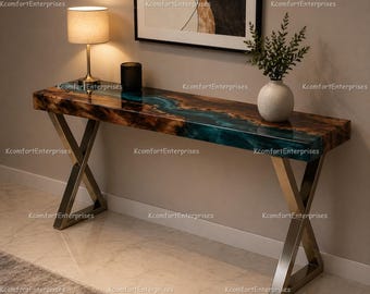 Luxury Walnut Epoxy Resin Console Table – Deep Teal River Entryway Table – Live Edge Hallway Furniture Deep Teal Epoxy River Console Table –