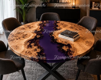Round Live Edge Wood River Table with Purple Epoxy Resin | Custom Dining Table top | Burl Wood Statement Furniture | Luxury Round Tabletop