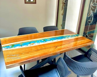海をイメージしたエポキシ樹脂テーブル、生木のエッジが美しいコーヒー