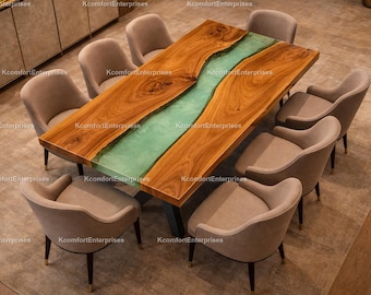 Live Edge River Dining Table Top | Green Epoxy Resin Walnut Table | Custom Wood Slab Dining | Modern Decor Green Epoxy River Dining Table |