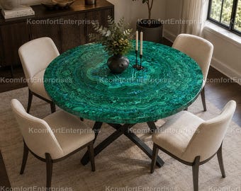 Luxurious Malachite Green Round Dining Table Top | Emerald Stone Inlay Table | Art Deco Luxury Furniture Round Malachite Dining Table Top |