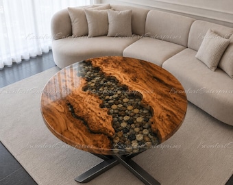Round Live Edge Burl Wood Coffee Table Top | Clear Epoxy Resin River Table with Natural Pebbles | Luxury Burl Wood Epoxy River Coffee Table