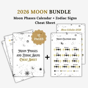 Månkalenderpaket 2026: Faser och zodiakens fusklapp | Utskrivbar månkalender (digital nedladdning)