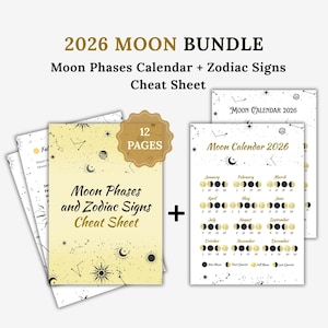 Månkalenderpaket 2026: Faser och zodiakens fusklapp (digital nedladdning)