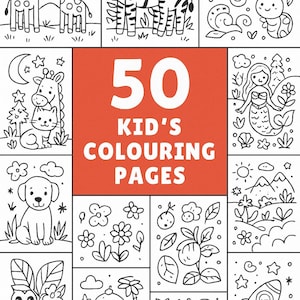 Könnte beinhalten: Ein Malbuch für Kinder mit 50 Seiten. Die schwarz-weißen Illustrationen zeigen Tiere, Naturszenen und Weltraumbilder. Auf dem Cover steht "50 Kid's Colouring Pages" in Weiß auf orangefarbenem Hintergrund.