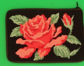 Rose Cosmetic Purse Handmade Needlepoint Stitch & Zip Kit Floral Zip Pouch  4.75x7  Black Background