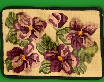 Sweet Violets Cosmetic Purse Handmade Needlepoint Stitch & Zip Kit 4.75x7 Floral Zip Pouch