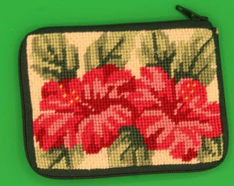 Hibiscus Coin Purse Handmade Needlepoint Alice Peterson Kit Floral Zipper Pouch 4.5x3.25
