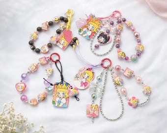 Handmade Baby Molly Phone Charm, Double Strand Beaded Strap,  Cute Girl Lanyard, Pastel Aesthetic Phone Accessory, Unique Kawaii Bag Deco