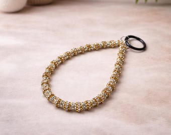 Gold Rhinestone Beaded Phone Strap - Sparkly Crystal Wristlet Charm - Y2K Jewelry Phone Accessory - Bridesmaid Gift