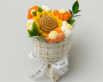 Handmade Crochet Flower Bouquet & Potted Sunflower, Finished Amigurumi Flowers, Eternal Knitted Sunflower in Pot, Desk Decor, Gift for Her