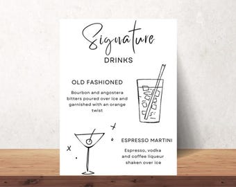 Wedding Signature Drink Sign, His & Hers Cocktail Menu (Canva Editable, Digital Download)