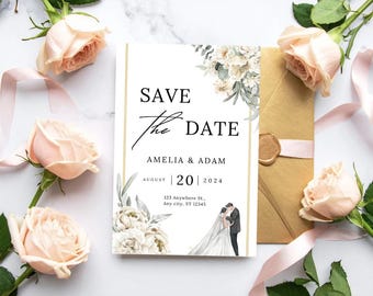 Minimalist Floral Save the Date Template, Editable Wedding Invitation (Digital Download)