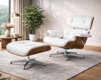 Op Charles Eames geïnspireerde iconische fauteuil en poef in walnoothout - wit