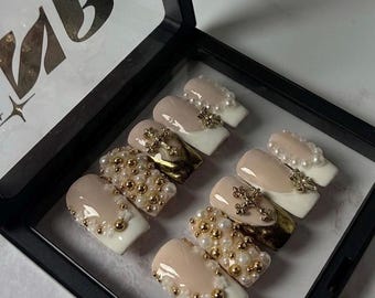 24K Pearl Press-On Nails - 10Pcs/Set