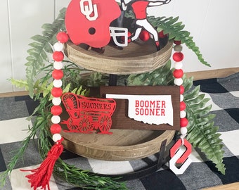 University of Oklahoma Football TIERED TRAY Decor OU Signs Bead Garland Red White Sooner Schooner Rustic