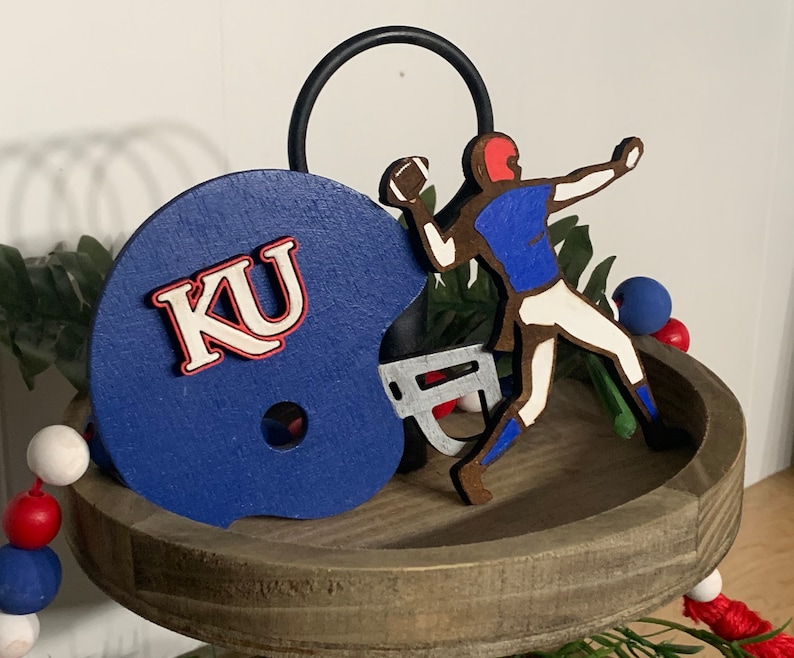 KANSAS UNIVERSITY KU Tiered Tray Decor Football Jayhawk Rustic Signs Helmet