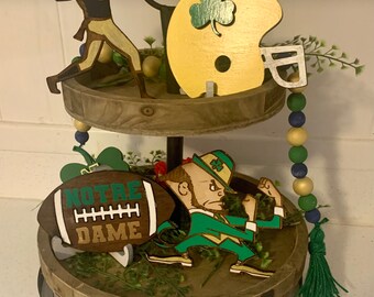 NOTRE DAME Football Tiered Tray Decor Rustic Farmhouse Signs Fighting Irish Helmet