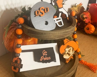 OKLAHOMA STATE University Football Tiered Tray Decor OSU Helmet Pistol Pete Bead Garland Rustic