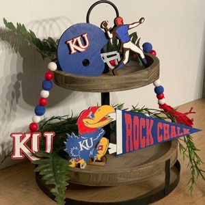 KANSAS UNIVERSITY KU Tiered Tray Decor Football Jayhawk Rustic Signs Bundle