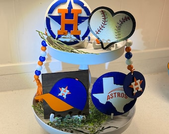 HOUSTON ASTROS Tiered Tray Decor Baseball Signs Bead Garland Rustic Texas